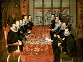 Linkes Bild: Unbekannter Maler, „Die Somerset House-Konferenz, 19. August 1604“, 1475–1483. Rechtes Bild: Kleingemusterter Holbeinteppich, Anatolien, 16. Jh.