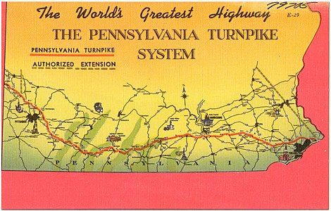 The world's greatest highway, the Pennsylvania Turnpike System. Carte postale Tichnor Brothers. Entre 1930 et 1945.