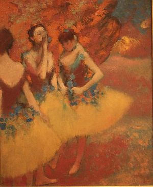 English: "Three Dancers in Yellow Skirts&...