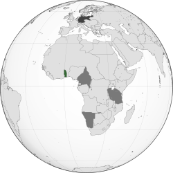 Green: Territory comprising the German colony of TogolandDark grey: Other German possessionsDarkest grey: German Empire