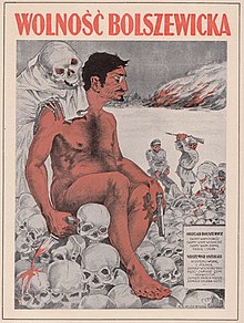 Trotsky on an anti-Soviet Polish poster titled "Bolshevik freedom" which depicts him on a pile of skulls and holding a bloody knife, during the Polish-Soviet War of 1920. Small caption in the lower right corner reads:
The Bolsheviks promised:
We'll give you peace
We'll give you freedom
We'll give you land
Work and bread
Despicably they cheated
They started a war
With Poland
Instead of freedom they brought
The fist
Instead of land - confiscation
Instead of work - misery
Instead of bread - famine. Trotsky on a Polish poster of 1920.jpg