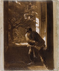 Réveillé en pleine nuit, Jean Valjean envisage de fuir par la fenêtre une fois l'argenterie volée, tout en cherchant sa barre de fer aiguisée dans son havre-sac. Illustration d'Émile Bayard.