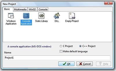 Scelgo il tipo di progetto (console application) il linguaggio (c++) e il nome (project1)