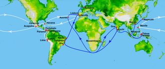 Portuguese trade routes (blue) and the rival Manila-Acapulco galleons trade routes (white) established in 1568 16th century Portuguese Spanish trade routes.png