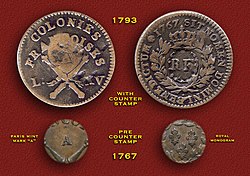 1767 Louis XV Colonies Francoises (West Indies) 12 Diniers copper Sous (w/1793 "RF" counterstamp) 1767 Colonies Francois 12 Diniers with RF Counterstamp.jpg