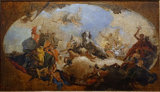 Apollon conduit Béatrice de Bourgogne en tant qu'épouse à Frédéric Ier, empereur du Saint-Empire romain germanique pour le plafond du Kaisersaal huile, 1750-1751 Staatsgalerie (Stuttgart)[4]