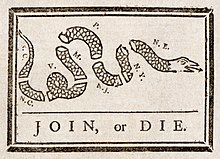 Join, or Die by Benjamin Franklin was recycled to encourage the former colonies to unite against British rule. Benjamin Franklin - Join or Die.jpg