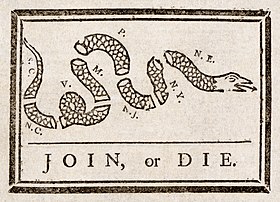 Join, or Die, célèbre caricature politique attribuée à Benjamin Franklin, a participé à la prise de conscience de l'importance de l'unité coloniale.