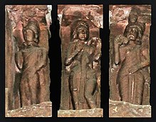 Statues on the architraves of the torana gateway, associated with Kharosthi marks. 100-75 BC. Bharhut torana statues.jpg