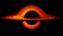 This representation of a black hole shows both sides of the accretion disk: in this case, gas above and below the black event horizon is from behind the black hole, while gas flowing in front is from the observers side. Black hole representation.gif