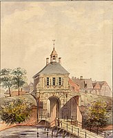 Buiten-Apoort uit 1623 met bovenbouw uit 1657 ten tijde van de afbraak in 1859 (Berghuis, 1859)