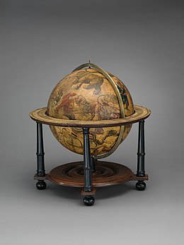 Celestial globe showing apparent positions of the stars in the sky, as they travel in great circles around the celestial pole. Celestial globe MET DP-12901-001.jpg