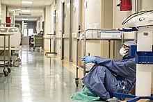 Exhausted nurse takes a break in an Italian hospital during the COVID-19 emergency. Covid-19 San Salvatore 09.jpg