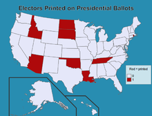 The electors themselves are named on the presidential ballots of only eight states. ElectorsPrintedOnPresidentialBallots.png