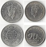 One rupee coins showing George VI, KIng-Emperor, 1940 (left) and just before India's independence in 1947 (right).