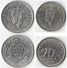 One rupee coins showing George VI, King-Emperor, 1940 (left) and just before India's independence in 1947 (right)[c]