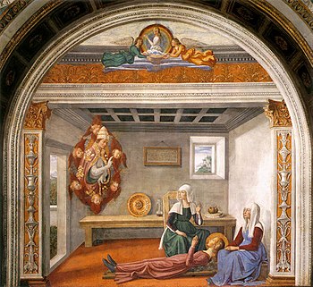 Announcement of Death to St Fina by Domenico Ghirlandaio, one of the Renaissance frescoes in the chapel Ghirlandaio, Announcement of Death to St Fina.jpg