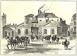 Etching of brewery working; two drays of horses pull deliveries away from the building.