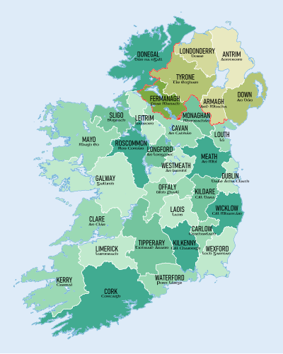 map of ireland counties and cities. A map of Ireland showing