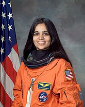 Kalpana Chawla, joint 366th person, first Indian American astronaut and first Indian woman in space Kalpana Chawla, NASA photo portrait in orange suit.jpg