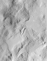 Closeup of the impact melt northeast of the crater, showing flow structures, from Apollo 16