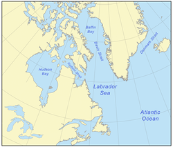 Carte de la mer du Labrador. La mer s'étend au sud jusqu'à la pointe nord de Terre-Neuve.