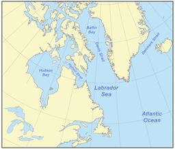 Kart som viser plasseringa av Labradorhavet mellom Canada og Grønland, avmerkt som Labrador Sea.