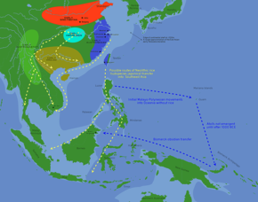 Possible language family homelands, and likely routes of early rice transfer (c. 3,500 to 500 BCE). The approximate coastlines during the early Holocene are shown in lighter blue. (Bellwood, 2011) Likely routes of early rice transfer, and possible language family homelands (archaeological sites in China and SE Asia shown).png