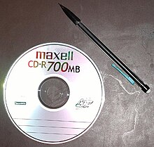 700 MiB CD-R next to a mechanical pencil for scale Maxell CD-R 700MB 40x 20040321.jpg