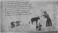 Miniature du Codex Vaticanus lat. 2761, folio 15 recto, vraisemblablement exécutée par Jacobi de Fabriano au début du XVe siècle. Laocoon et ses fils sacrifiant un taureau ; à gauche, les serpents s'approchent en venant de la mer.