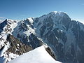 Da sinistra: l'Aiguille de Bionnassay, il col de Bionnassay, il Dôme du Goûter e il Monte Bianco.