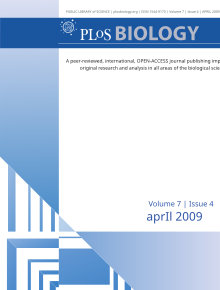 The cover of an issue of the open-access journal PLOS Biology, published monthly by the Public Library of Science PLoS Biology cover April 2009.svg