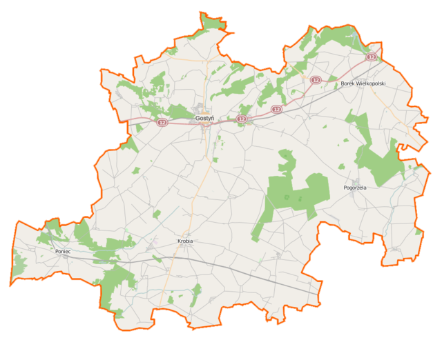 Mapa konturowa powiatu gostyńskiego, u góry po prawej znajduje się punkt z opisem „Borek Wielkopolski”