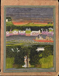 Radha et Krishna dans le bateau de l'amour, œuvre rajput du XVIIIe siècle (musée national de New Delhi). (définition réelle 23 323 × 30 000)