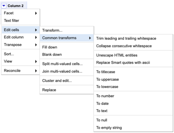 OpenRefine interface menu for transforming columns