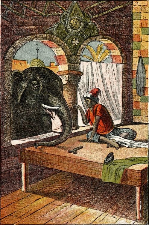 Le tailleur enfonce profondément une aiguille dans la trompe de l'éléphant.