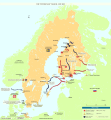 Krievijas un Zviedrijas karaspēka pārvietošanās Somijas kara pirmajā posmā 1808. gada martā — maijā. Parādītas nozīmīgāko kauju vietas