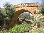 Pont romain sur l'Oued El Endja, dont la clef de voûte de l'Ouest offre un niveau de maçon et une tête de taureau