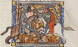 Yvain fighting Gawain in order to regain the love of his lady Laudine. Medieval illumination from Chretien de Troyes's romance, Yvain, le Chevalier au Lion Ywain-Gawain.JPG