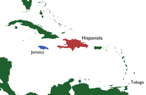 カリブ海の地図。トバゴ島、イスパニョーラ島、ジャマイカ島が表示されている。