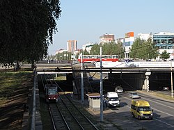 Двухуровневое пересечение Московского проспекта (снизу) и проспекта Вахитова (сверху)