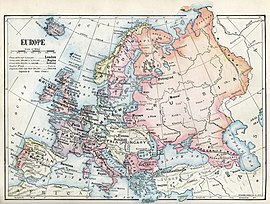 1916 political map of Europe showing most of Moll's waterways replaced by von Strahlenberg's Ural Mountains and Freshfield's Caucasus crest, land features of a type that normally defines a subcontinent 1916 political map of Europe.jpg