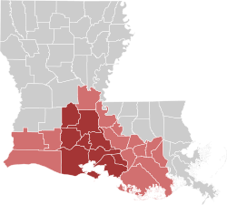 Map of Acadiana Region with the Cajun Heartland subregion highlighted in dark red.