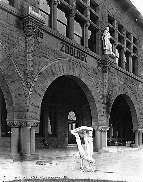 Louis Agassizs statue fell from the Zoology Building at Stanford University during the 1906 Earthquake.  After the 1906 San Francisco earthquake, Stanford President David Starr Jordan wrote, Somebody—Dr. Angell, perhaps—remarked that Agassiz was great in the abstract but not in the concrete.  Photo by Frank Davey.  Wikimedia
