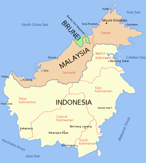 A map of Borneo showing East Malaysia and its major cities. Labuan is the island off the coast of Sabah near Kota Kinabalu.