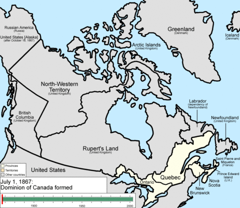 Когда в 1867 году была образована Канада, ее провинции представляли собой относительно узкую полосу на юго-востоке с обширными территориями внутри. Он вырос за счет добавления Британской Колумбии в 1871 году, P.E.I. в 1873 г., Британские Арктические острова в 1880 г. и Ньюфаундленд в 1949 г .; Между тем его провинции увеличивались как в размере, так и в количестве за счет его территорий.