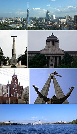 Clockwise from top: panoramic view from Ji Tower, Former Manchukuo State Department, Statue on cultural square, Changchun Christian Church, Soviet martyr monument.