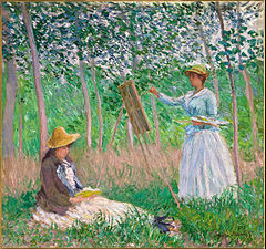 Claude Monet, Dans les bois à Giverny, 1885, huile sur toile, 91 × 98 cm, Musée d'Art du comté de Los Angeles, Los Angeles. Blanche Hoschedé peignant avec sa sœur Suzanne Hoschedé lisant. - Google Art Project.