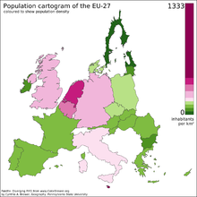 Cartogram of the EU - distorted to show population distributions as of 2008 EU Pop2008 1024.PNG