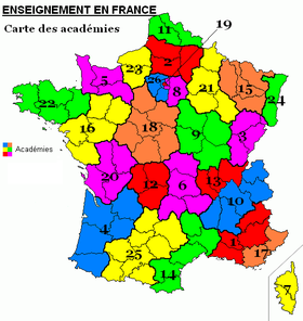 Les acadmies franaises : 1-Aix-Marseille, 2-Amiens, 3-Besanon, 4-Bordeaux, 5-Caen, 6-Clermont-Ferrand, 7-Ajaccio, 8-Crteil, 9-Dijon, 10-Grenoble, 11-Lille, 12-Limoges, 13-Lyon, 14-Montpellier, 15-Nancy-Metz, 16-Nantes, 17-Nice, 18-Orlans-Tours, 19-Paris, 20-Poitiers, 21-Reims, 22-Rennes, 23-Rouen, 24-Strasbourg, 25-Toulouse, 26-Versailles